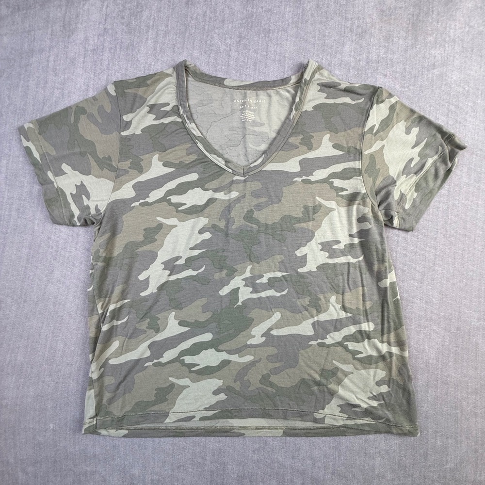 American Eagle Soft & Sexy Camo V-Neck T-Shirt Green Camouflage XS